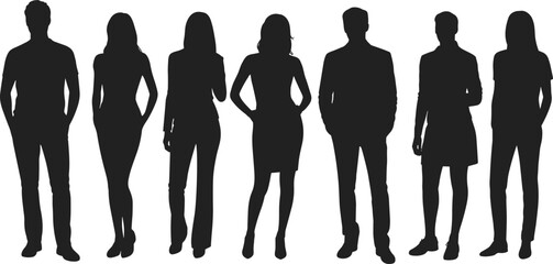 Group of standing people silhouettes, male and female figures vector, modern human poses collection, casual business style illustration