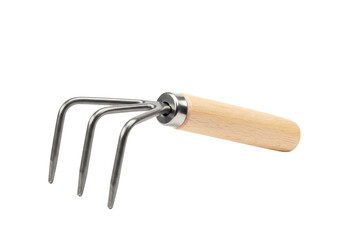 Hand garden cultivator isolated on white, small gardening tool with wooden handle for loosening soil and weeding PNG