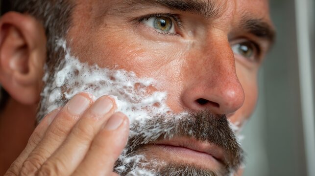 Extreme close-up of a man with green eyes applying shaving foam to his beard and stubble