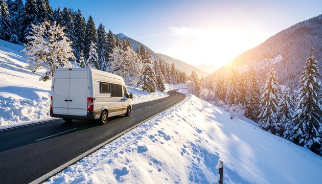 White van on snowy mountain road at sunrise