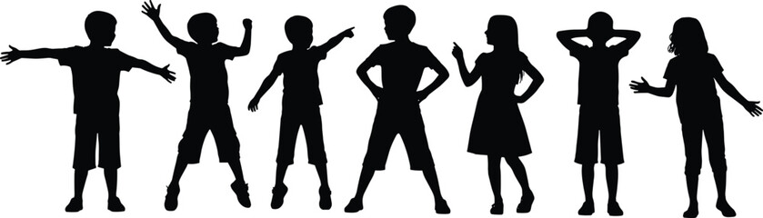 Playful kids silhouettes in various poses – diverse children having fun, joyful boys and girls standing, happy childhood vector illustration