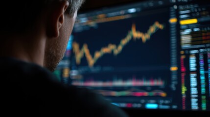 Trader or analyst viewing a stock market or cryptocurrency graph on a computer screen in the dark