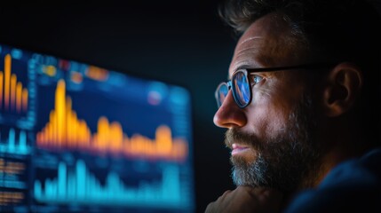 Serious man wearing glasses intently watches glowing financial data charts on a computer screen at night