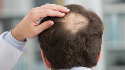 Fototapeta premium Doctor's hand checking a man's balding scalp for hair loss diagnosis or treatment