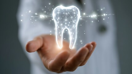 Doctor holding a glowing, digital mesh projection of a healthy molar tooth