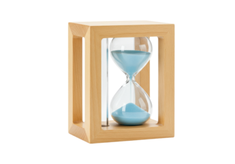 Hourglass with blue sand in a wooden frame isolated on transparent background, time management concept for decoration and design