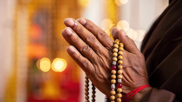 Sharad Purnima prayer hands, mala beads, vrat devotion, Hindu festival worship, full moon night ritual, mantra chanting, spiritual fasting, divine blessing ceremony, traditional faith practice