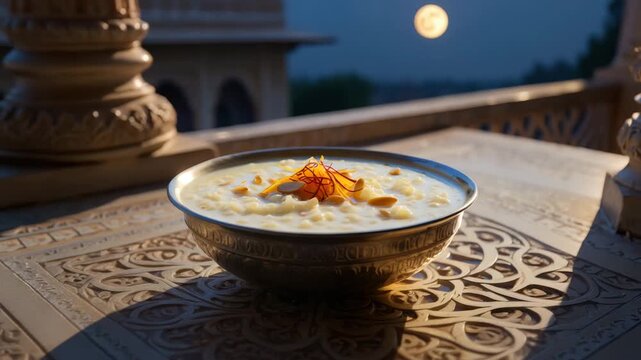 Sharad Purnima kheer, saffron rice pudding, sacred prasad offering, vrat night ritual, moonlit celebration, Hindu festival food, traditional sweet dish, divine blessing ceremony