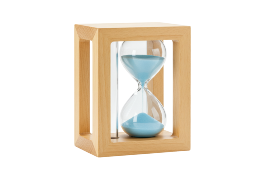 Hourglass with blue sand in a wooden frame isolated on transparent background, time management concept for decoration and design