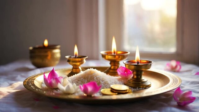 Brass oil lamps, lotus flowers, rice offering, gold coins, kheer prasad, Sharad Purnima vrat, Lakshmi pooja, full moon night, festive thali, Hindu religious ceremony, traditional altar worship