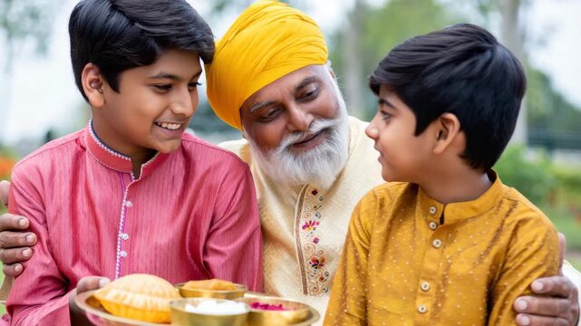 Family celebration, traditional clothing, festive gathering, cultural heritage, joyful moment, generational bond, elder with children, special occasion, sharing happiness, cultural attire