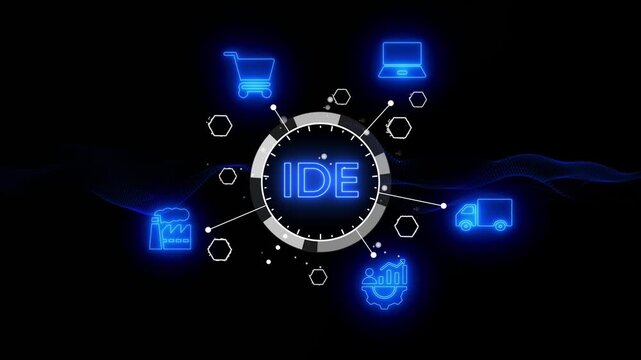 Neon IDE icon network with shopping cart factory laptop truck and analytics on dark background Keywords: IDE, integrated development environment, development, programming