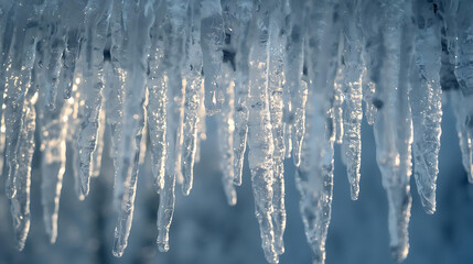 Rows of Translucent Icicles Backlit by Cool Blue Light in a Crystalline Frozen Winter Scene