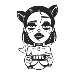 Beautiful young girl hugging herself love yourself concept with big pink heart on background