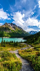 Mountain lake vista with path