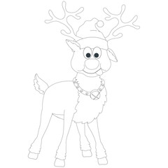 Funny deer with Santa hat and bells around his neck. Black and white. Christmas vector illustration for children's coloring book, print, worksheet.