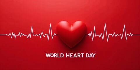 Vibrant red background with a heart-shaped object and an EKG line, symbolizing World Heart Day's emphasis on heart health awareness.