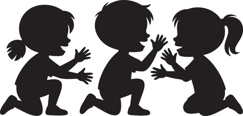 Three black silhouette children playing together on white background kids