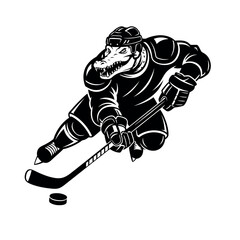 Alligator Mascot Ice Hockey Player with Puck and Stick Illustration