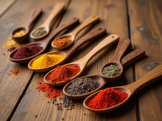 Wooden spoons are arranged in a row on a wooden floor, each filled with different colored spices or seeds.
