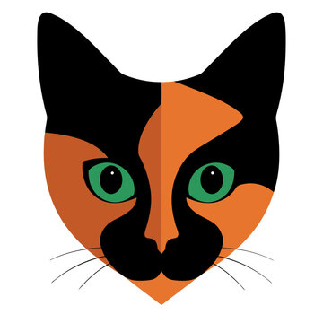 Stylized tortoiseshell cat face vector illustration with striking green eyes, a cute graphic animal pet portrait design on white background