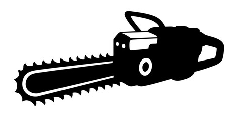Chainsaw silhouette with long sharp blade, tool for cutting wood, horror and danger