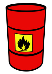 Red barrel with flammable sign, industrial container for dangerous liquid or fuel