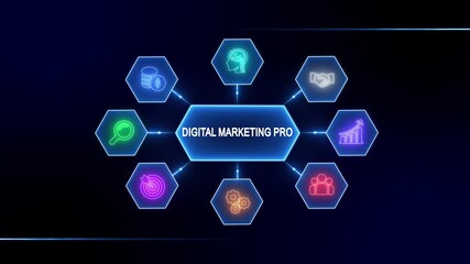 Digital Marketing Strategy Hub Neon Icons Network Connecting Business Growth Ideas Success Planning Teamwork Brainstorming Financial Investment Search Optimization Target Achievement and Process - Powered by Adobe