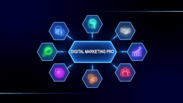 Digital Marketing Strategy Hub Neon Icons Network Connecting Business Growth Ideas Success Planning Teamwork Brainstorming Financial Investment Search Optimization Target Achievement and Process