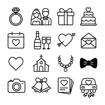 Bridal and romantic celebration icons. Outline symbols. Line design