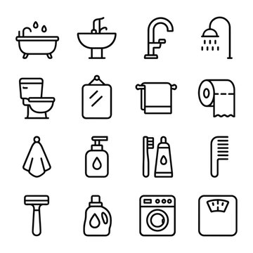 Bathroom fixtures and accessories vector icons. Outline symbols. Line design