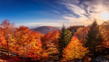 Fototapeta premium Vibrant Autumn Landscape Featuring Golden And Red Trees Amidst A Serene Forest Setting