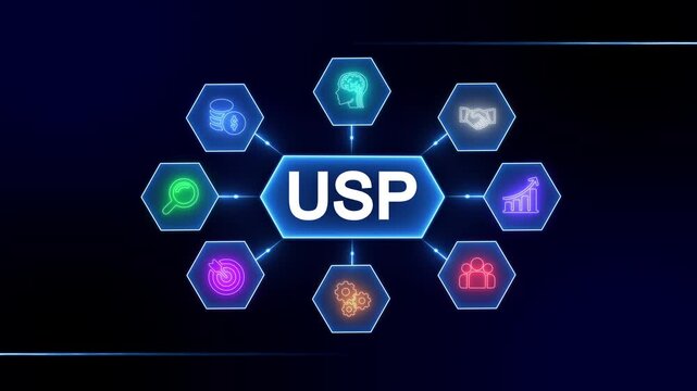 Unique Selling Proposition concept diagram with glowing neon icons for business strategy innovation finance teamwork goals and growth on dark blue background