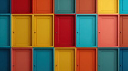 A vibrant wall of colorful doors in various shades, creating an eye-catching geometric pattern.