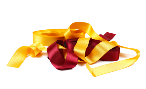 Yellow and red ribbon roll curly isolated on white, clipping path, side view	