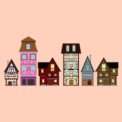 Collection of medieval German houses clipart in PNG on transparent background. Perfect for Christmas markets, Bavarian towns, fairytale villages, travel, architecture, and festive designs.