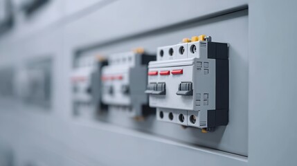 Close-up of electrical circuit breakers on a control panel, showcasing modern design and functionality.