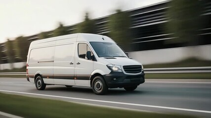 Delivery van drives quickly on highway road for fast shipping, providing essential service. White van hurries, emphasizing efficiency, speed, and urgency,