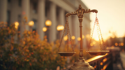vintage brass scale of justice standing on railing with classical courthouse or government building columns blurred in background, beautifully illuminated by the golden glow of setting sun or sunrise