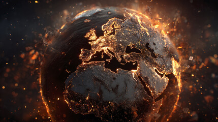 planet earth, primarily showing Europe and Africa, with city lights intensely glowing in a fiery orange and gold, suggesting a global emergency, energy consumption, or the digitization of the world