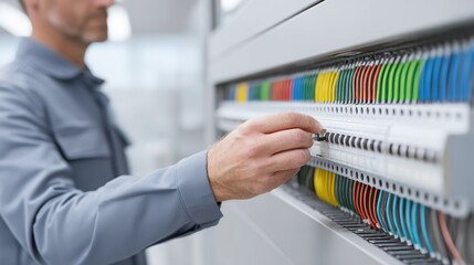 Technician adjusting wires in a control panel, showcasing precision and focus in an industrial setting.