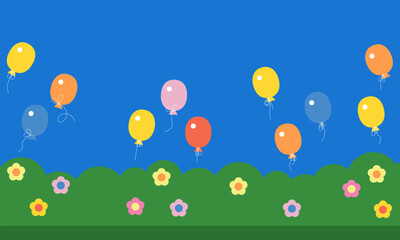 Flowers, green grass, sky and balloons. Positive background for children. Cute design with summer vibe. Landscape with balloons in the sky. Cheerful atmosphere. Positive background for kids, children