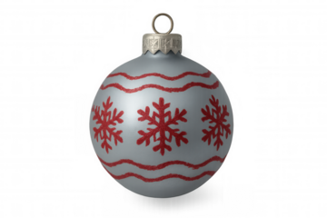 Silver christmas bauble with red snowflakes and wavy stripes for festive holidays, transparent background