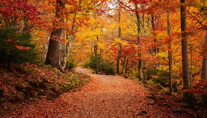 Fototapeta premium Autumnal Trail The Image Shows A Winding Path Leading Through A Colorful Autumn Forest With Leaves Scattered And A Sense Of Tranquility