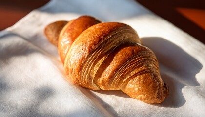 Freshly Baked Croissant On Simple White Napkin With Natural Light Shadows