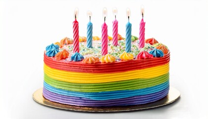 A Colorful Happy Birthday Cake With Candle On Top Isolated On White Background