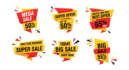 Collection of sale and discount tags isolated on transparent background