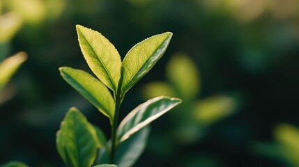 Obraz premium A close-up of vibrant green leaves, showcasing their intricate textures and natural beauty, illuminated by soft sunlight.