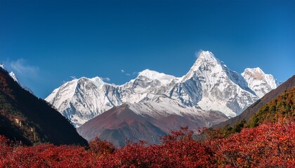 Snowy Mountain Massif With Ganesh Himal And Manaslu Himal Range In Background And Red Vegetation In Foreground Himalayas Langtang Nepal