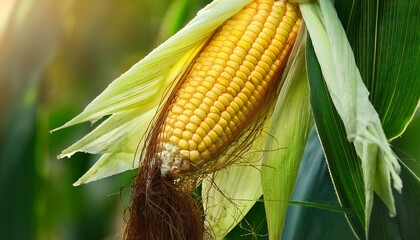 Ripe Corn Cob With Bright Yellow Kernels And Silk In Green Leaves Shallow Depth Of Field